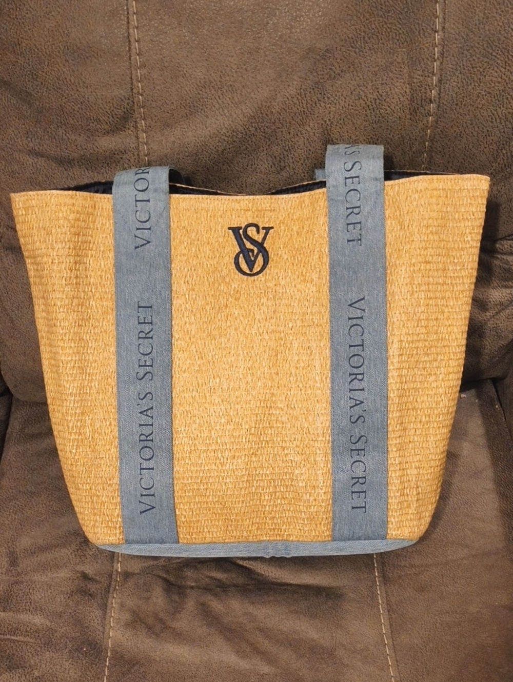 Victoria's Secret Tan Straw Tote with Denim Blue Logo Straps